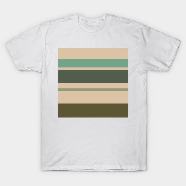 A lovely harmonization of Camo Green, Beige, Grey/Green, Greyish Teal and Ebony stripes. T-Shirt by Sociable Stripes